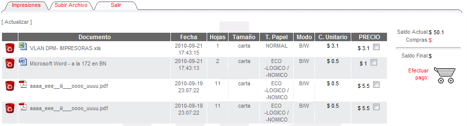 De la lista de tus trabajos, selecciona aquellos que desees imprimir, luego da clic en el Carrito de Compras y confirma la operaci�n.