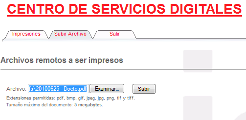 Muestra el archivo que seleccionaste y permite buscar otro o enviarlo al servidor.