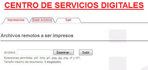Presenta las opciones para seleccionar un archivo que se desee enviar al servidor para ser impreso.